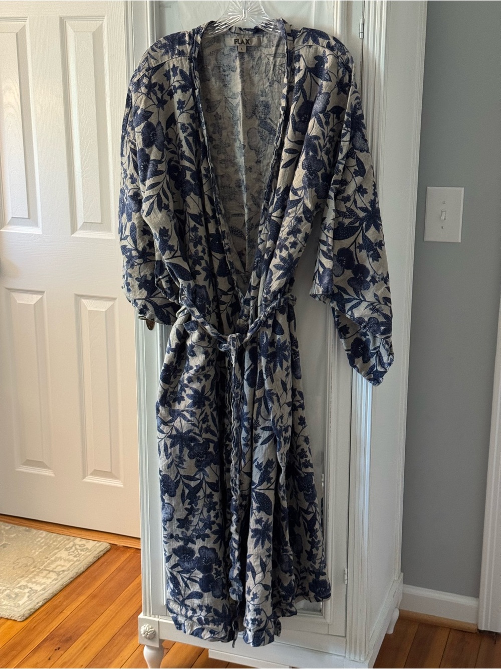 Flax Navy Floral Linen Kimono-Style Sleeve Robe Size L